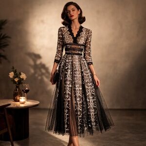 Shiran Fushi Black Tulle Floral Appliqué Gored Midi Dress Sz M/L Unique Retro